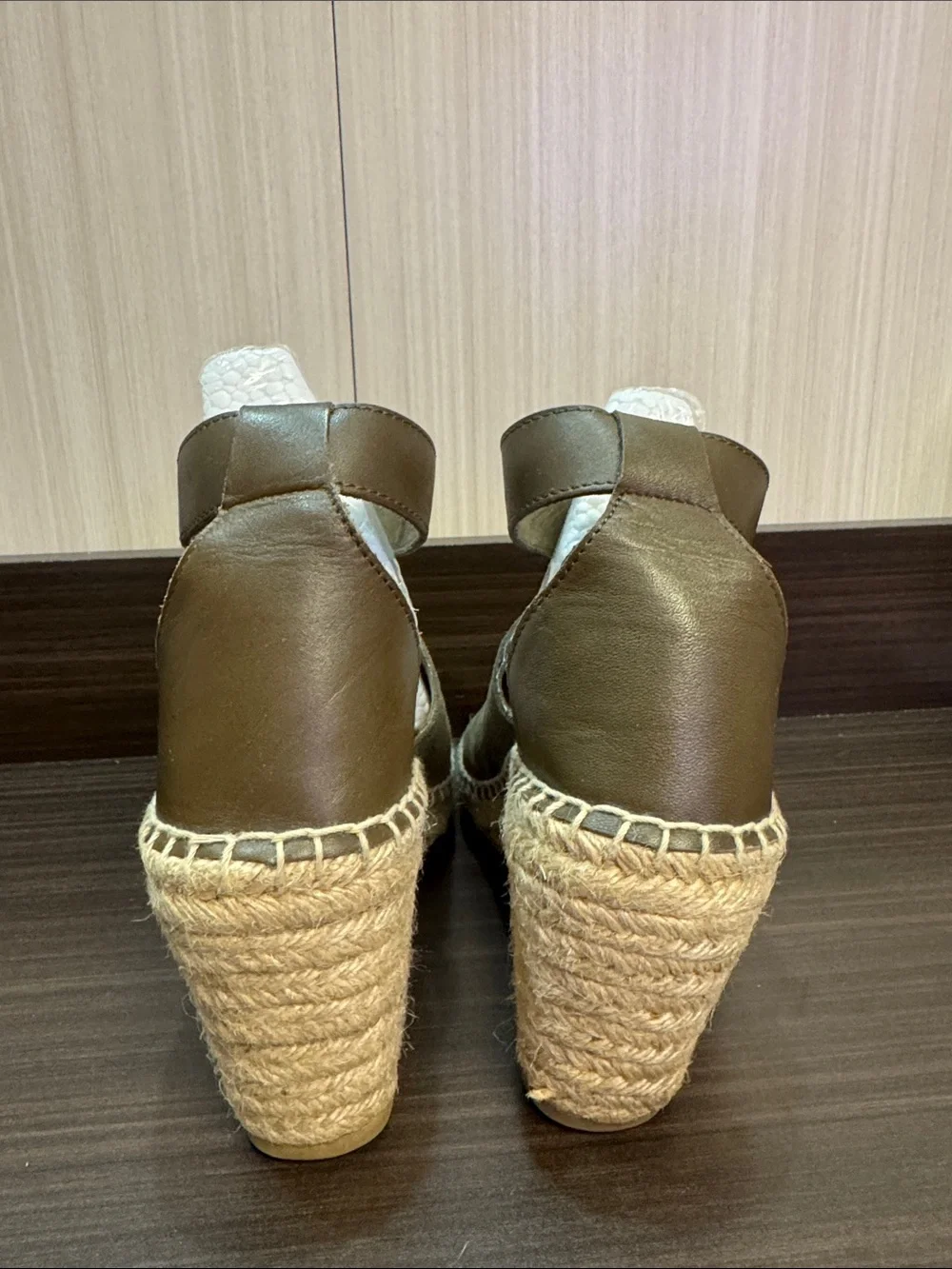 GAP Olive Green Suede Espadrille Wedge Sandals with Brown Ankle Strap - Picture 7 of 7